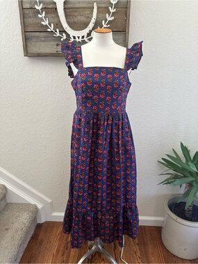 Nordstrom Maisie Women’s Navy Floral Midi Dress with Ruffle Straps size L NWT